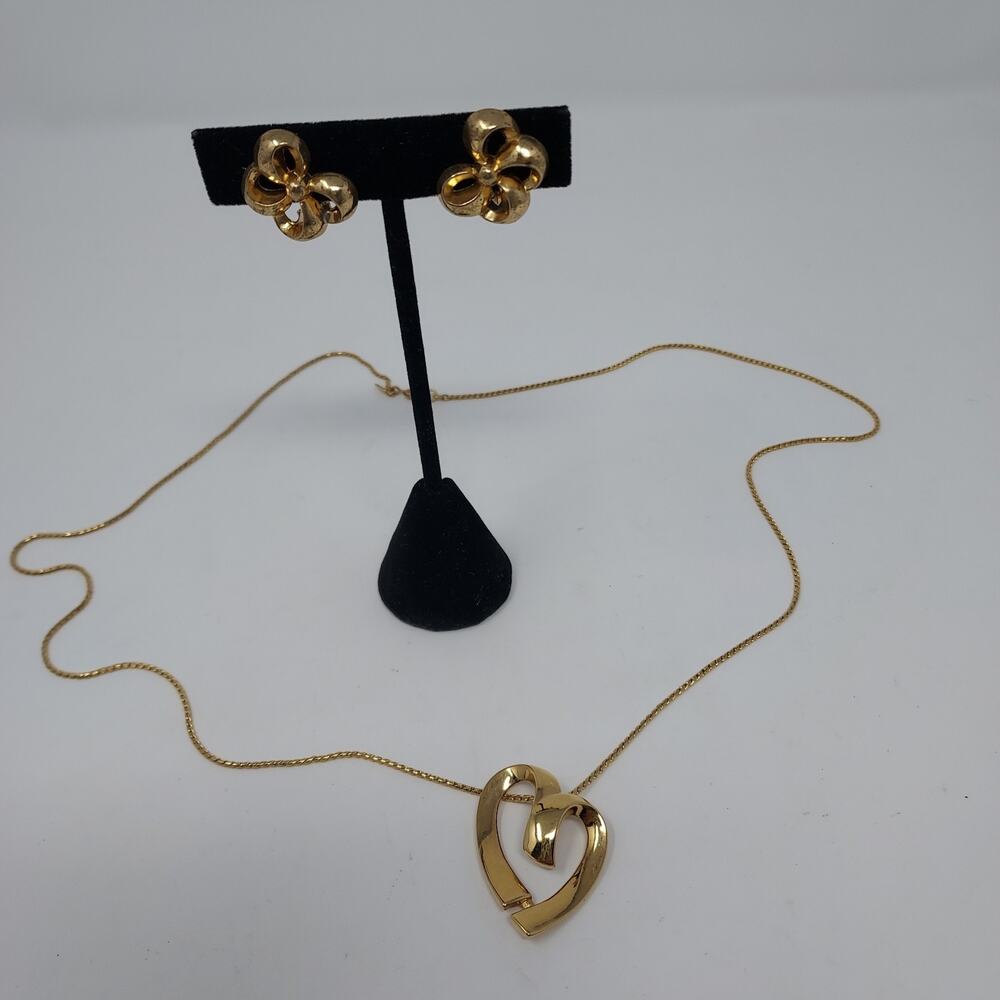 Vintage Monet Bundle Set Heart Necklace Clip Bow Earrings Gold Tone Signed